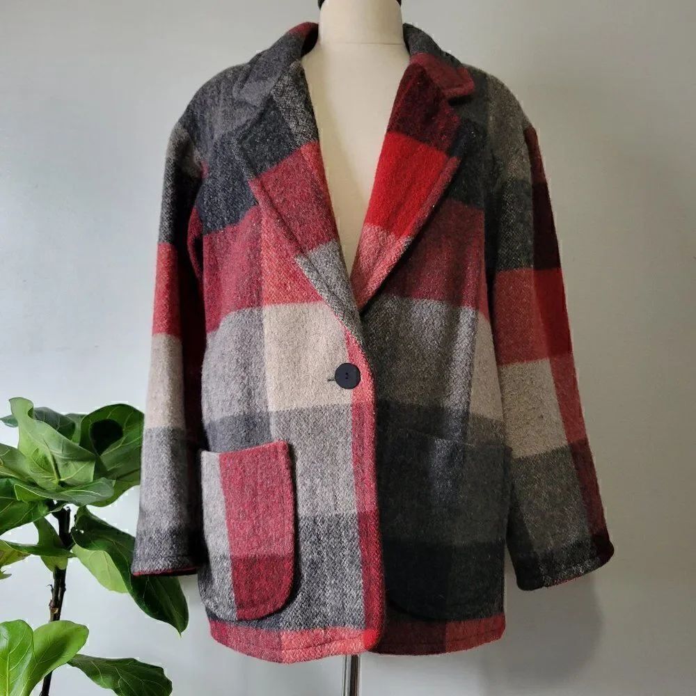 EXCELLENT USED FRENCH COUNTRY EXPRESS PLAID WOOL BLEND LAPEL JACKET COAT SIZE S